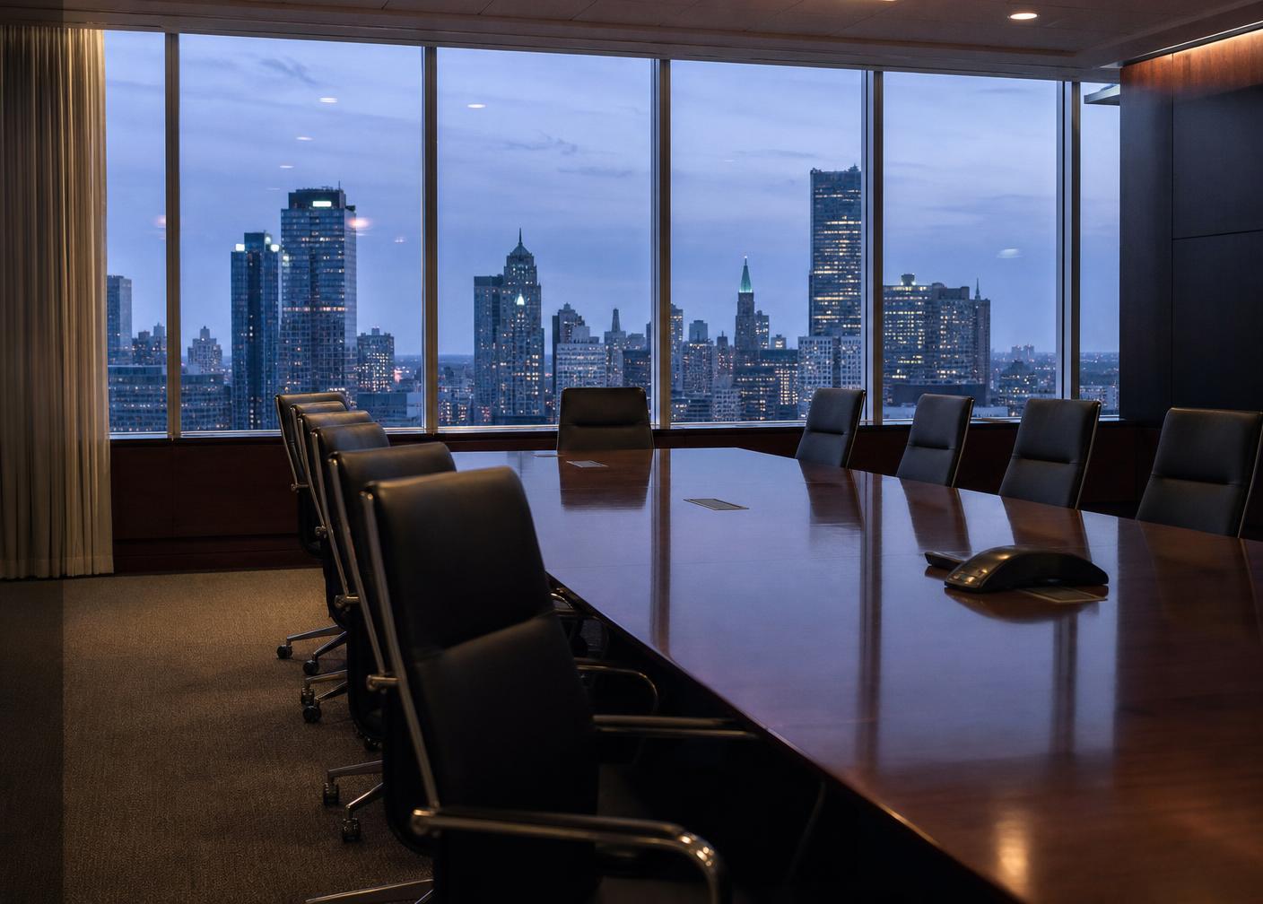 Private boardroom at dusk overlooking a city skyline