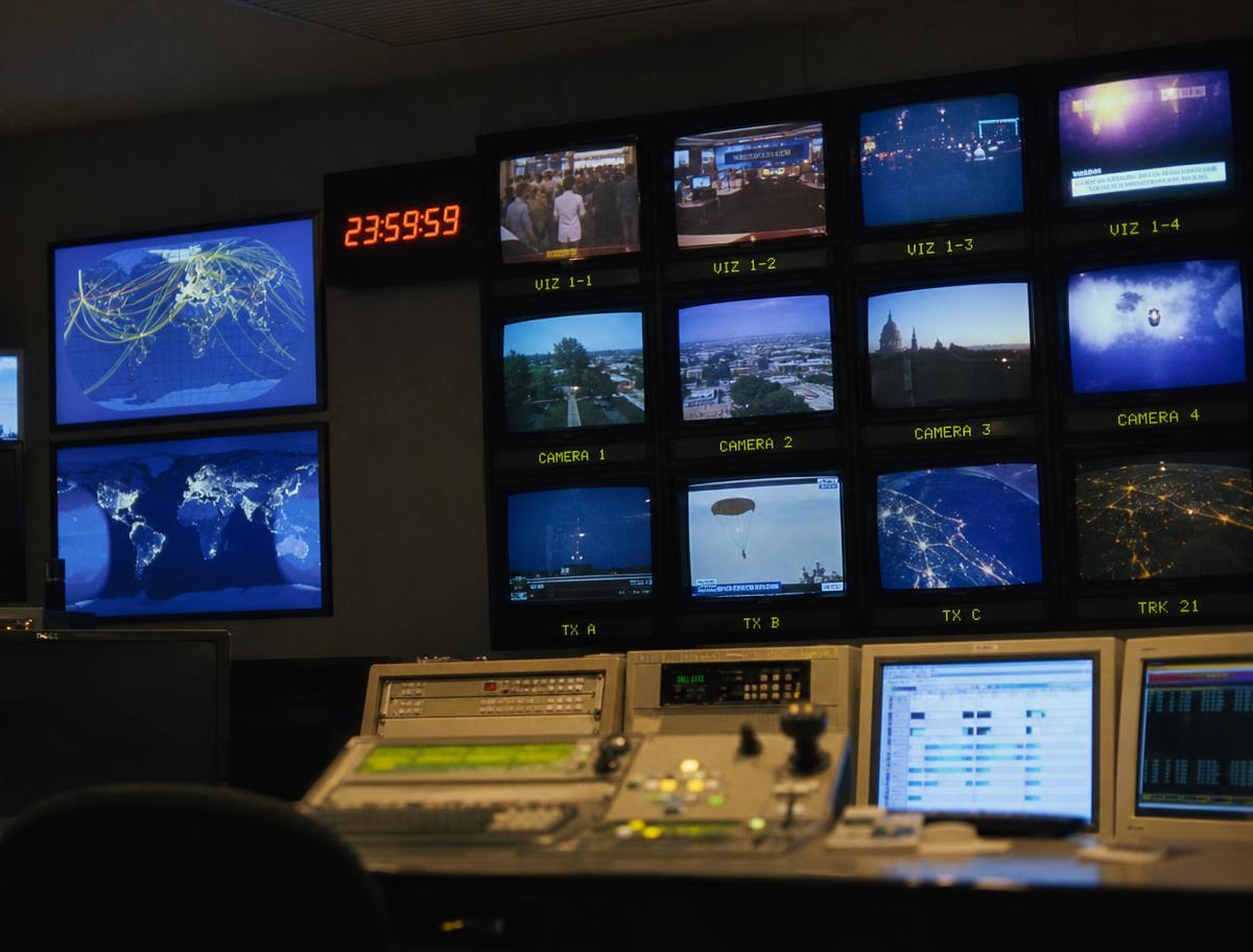 Global broadcast control desk at night