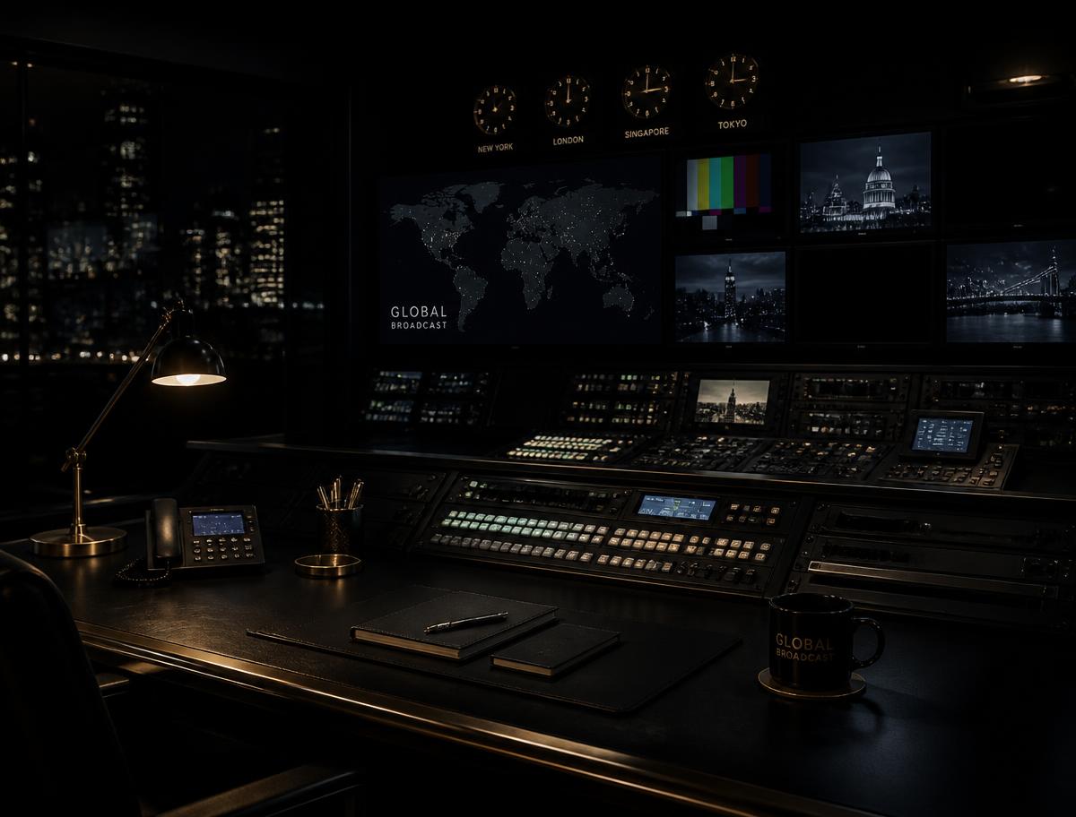 Global broadcast control desk at night